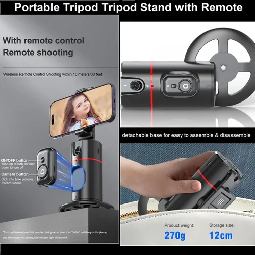 Vista 6 de Trípode de seguimiento facial automático con rotación de 360°, soporte de teléfono de seguimiento automático con control remoto, soporte de teléfono