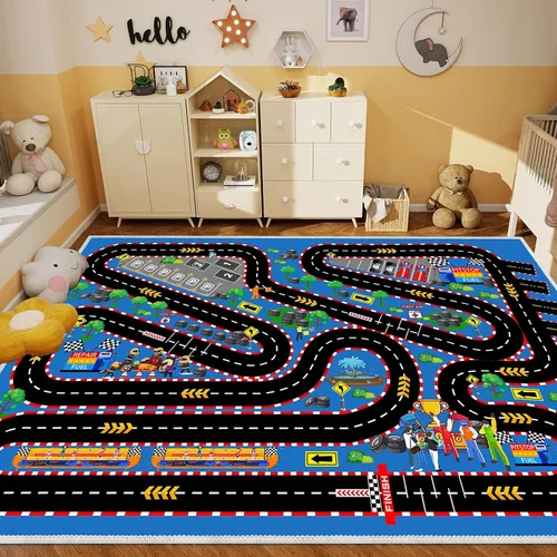 Vista 7 de Alfombra de coche para niños para autos de juguete, alfombra de pista de carreras, alfombra de carretera para sala de juegos, aula, habitación