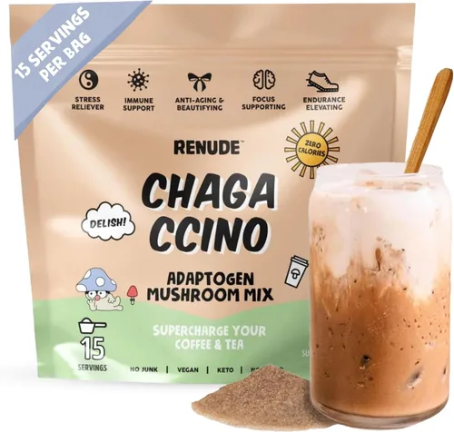 Vista 10 de Renude Chagaccino - Polvo de hongos Chaga, mezcla de bebida de café de hongos con adaptógenos, energía natural y apoyo inmunológico, vegano, keto