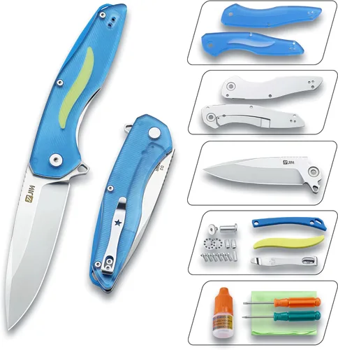 Vista 9 de JIN Cuchillo de bolsillo para hombres, cuchillo plegable EDC, cuchillos de bolsillo Captain con clip, hoja D2 afilada de 3.5", mango G10 negro, kit