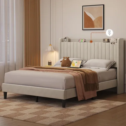 Vista 9 de Yaheetech Base de cama tamaño Queen con estación de carga USB y estante de almacenamiento/plataforma de cabecera tapizada con lado de ala/soporte