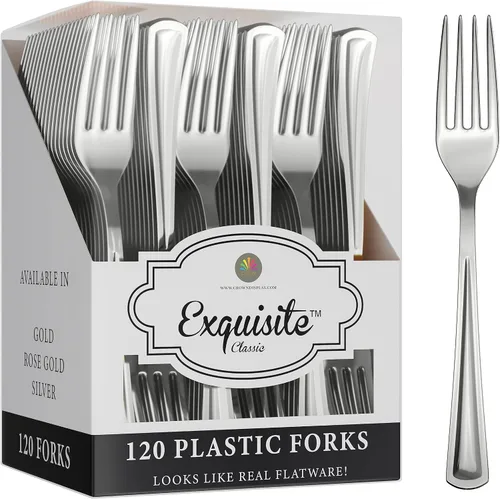 Vista 9 de Exquisite Juego de cubiertos de plástico dorado, 120 piezas de cubiertos de plástico dorado, desechables, tenedores desechables, juego de cubiertos