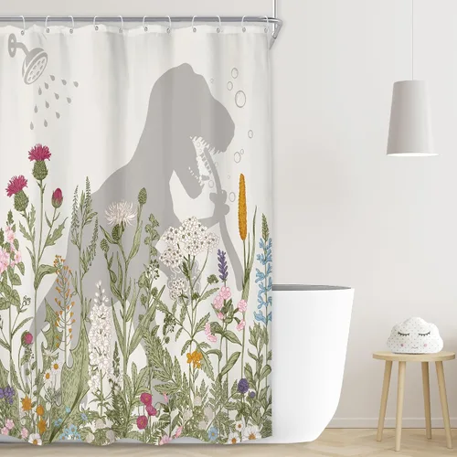 Vista 7 de LGhtyro Juego de Cortina de Ducha Divertida de Dinosaurio para Baño Pequeño 36Wx71H Pulgadas Dibujos Animados Niños Silueta de Dino Sombra de Animal