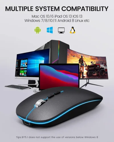 Vista 5 de Uineer Ratón Bluetooth LED, recargable Bluetooth inalámbrico (BT 5.1+2.4G), mouse silencioso para computadora portátil, MacBook, Windows, Mac