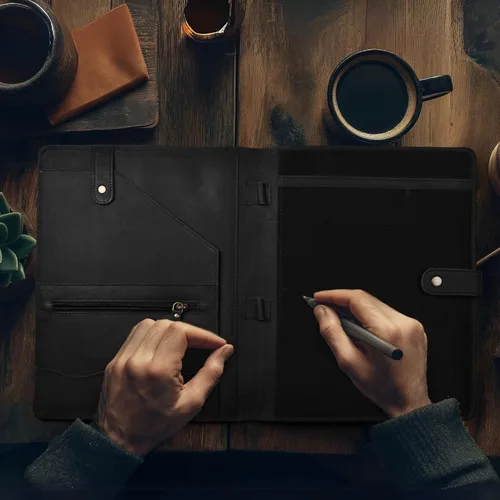 Vista 6 de Portafolio de cuero genuino – Elegante organizador profesional negro y carpeta para currículum, portadocumentos de cuero antiguo para negocios