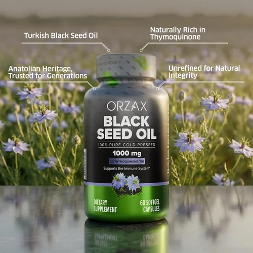 Vista 3 de ORZAX Cápsulas orgánicas prensadas en frío de 1000 mg de aceite de semilla negra con 20 mg de timoquinona para apoyo inmunológico, buen cabello
