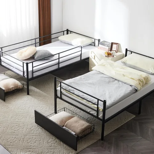 Vista 3 de Karl home - Litera de tamaño individual sobre individual en negro con 2 cajones de almacenamiento, litera de metal con escalera incorporada