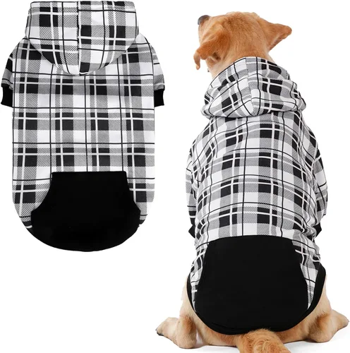 Vista 29 de EXPAWLORER Sudadera con capucha para perro a cuadros, estilo británico, suéter cálido para perro con agujero para correa, ropa de pitbull, ropa