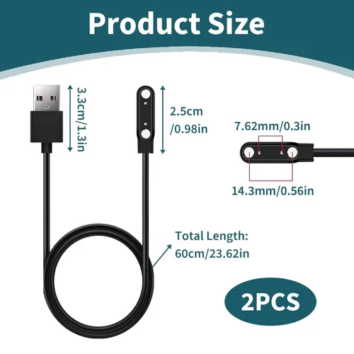 Vista 2 de Paquete de 2 cables de carga magnéticos para reloj inteligente, 2 pines de 0.30 in, cable de carga de repuesto USB compatible con reloj inteligente