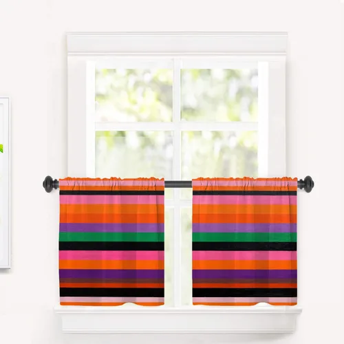 Vista 23 de Cortinas de cocina de hojas de arce otoñales para ventanas, hojas verdes y rojas sobre cenefas opacas negras, tratamientos de ventana de poliéster