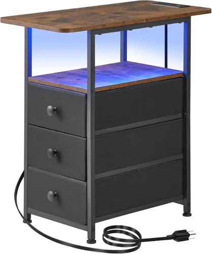 Vista 17 de DALEMHOME Mesa auxiliar estrecha con estación de carga, mesa auxiliar estrecha con cajón, mesita de noche pequeña con luz LED, mesita de noche Negro