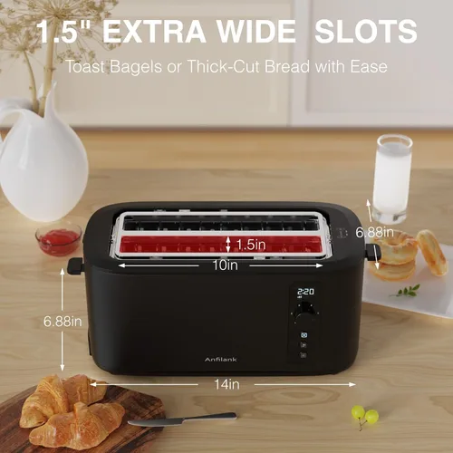 Vista 2 de Anfilank Tostadora de 4 Rebanadas de Ranura Extra Ancha Larga de 1.5 pulgadas con Temporizador de Cuenta Regresiva, 6 Ajustes de Tostado, Estante