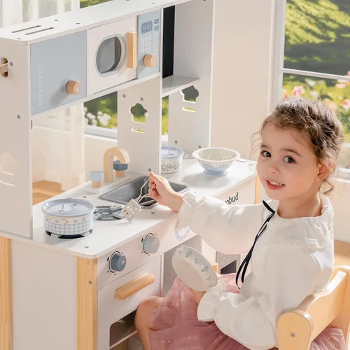 Vista 7 de ROBUD Juego de Ollas y Sartenes para Niños, Accesorios de Cocina para Jugar, Ollas y Sartenes de Metal en Crema Azul, Juego de Cocina para Niños