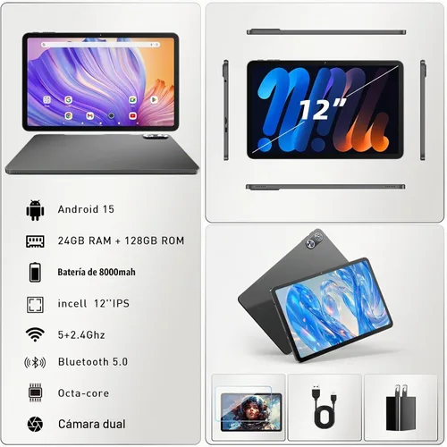 Vista 5 de Tablet Android 16 de 12 pulgadas, 24 GB de RAM 128 GB ROM (expandible 1 TB), pantalla Full HD de 2000 × 1200 IPS, batería larga de 8000 mAh, 12+
