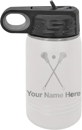 Vista 11 de LaserGram Botella de agua personalizada, palitos de lacrosse, acero inoxidable de doble pared aislada al vacío con popote superior, regalo grabado