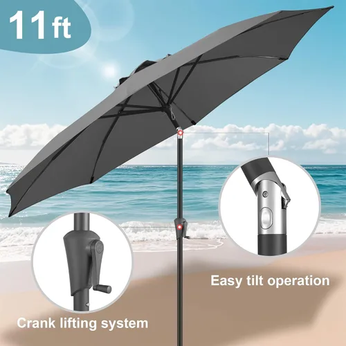 Vista 3 de FLAME&SHADE Sombrilla de patio de 11 pies, sombrilla de mesa para exteriores con botón de inclinación y manivela, protección UV, 8 varillas