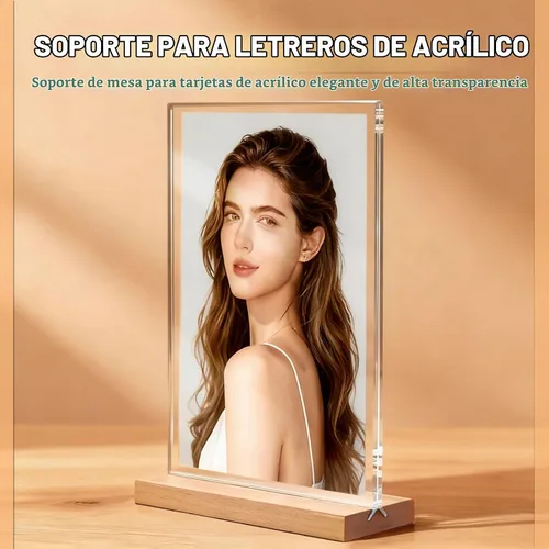 Vista 2 de Soporte acrílico de 4 x 6 pulgadas con base de madera de haya, soporte de exhibición de menú de doble cara, marco de código QR, letrero de mesa