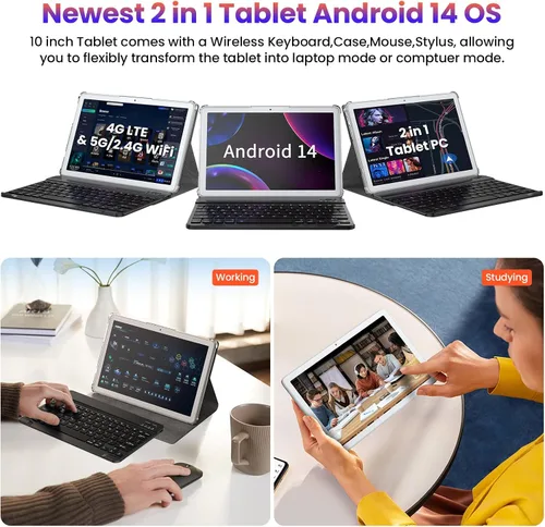 Vista 3 de DOMATON Tableta con teclado, tabletas Android 2025 de 14 GB+128 GB+1 TB expandir, tableta de 10.1 pulgadas Octa-Core 2 en 1 con pantalla Incell