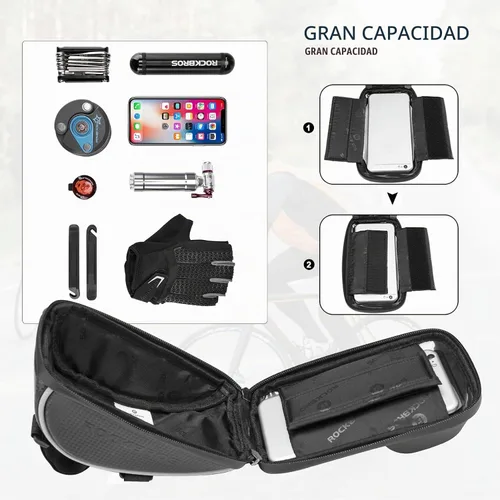 Vista 5 de ROCKBROS Bolsa de montaje para teléfono de bicicleta, bolsa para manillar con marco frontal para bicicleta, funda impermeable para teléfono, bolsa