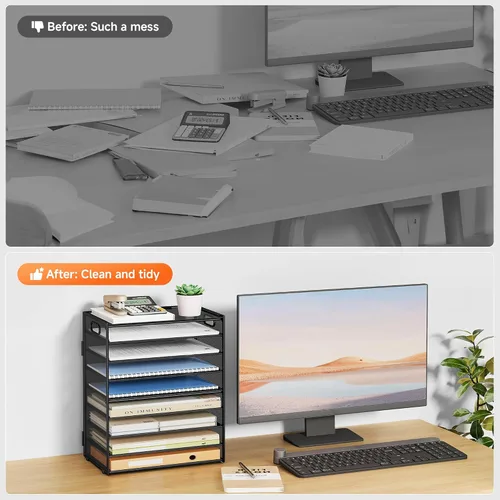 Vista 7 de SUBEKYU Organizador de papel de 9 niveles para escritorio, bandeja de cartas de malla de metal negro, organizador clasificador de papel de archivo