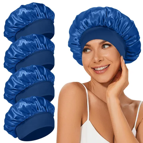 Vista 9 de 4 piezas de gorro de satén de seda, gorro de cabello para dormir, gorro de seda elástica de banda ancha para dormir, suave y transpirable Gorra