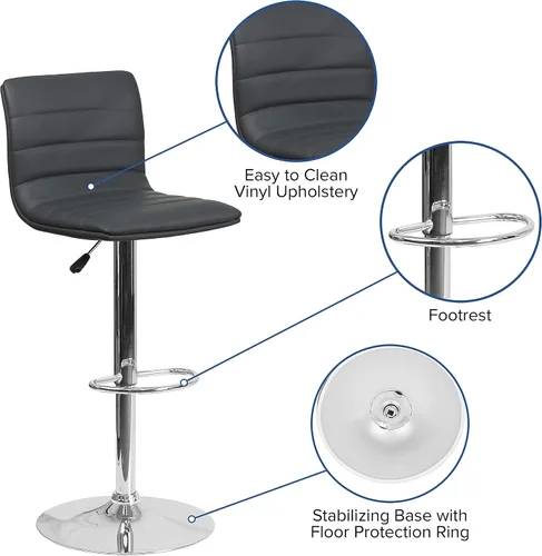 Vista 7 de Flash Funiture silla de bar ajustable con base cromada, Vinilo, Gris