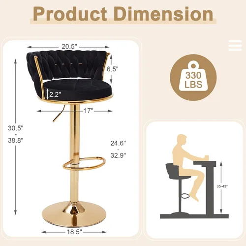 Vista 3 de VECELO Juego de 4 taburetes de bar, taburetes de bar ajustables de altura de mostrador con respaldo y brazo, taburetes de isla de cocina tejidos