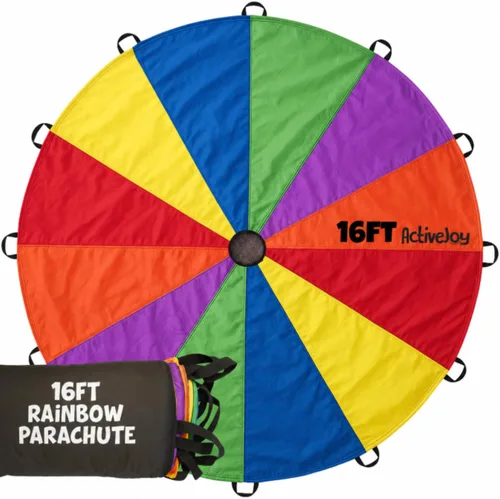 Vista 8 de Activejoy - Paracaídas para niños - 8 pies/12 pies/20 pies / 24 pies - Juguete de paracaídas arcoíris con asas - Ideal para clases de gimnasio, día