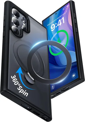 Vista 15 de Funda para Samsung Galaxy S24+ Plus, compatible con MagSafe, con soporte de anillo magnético giratorio de 360° [carga inalámbrica], soporte de Negro