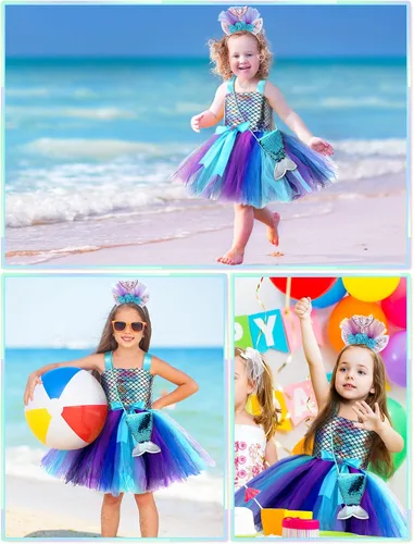 Vista 6 de Mermaid Birthday Outfits Mermaid Dress with Headband for Girls Mermaid Costume Tutu Skirt with Bag for Little Girls