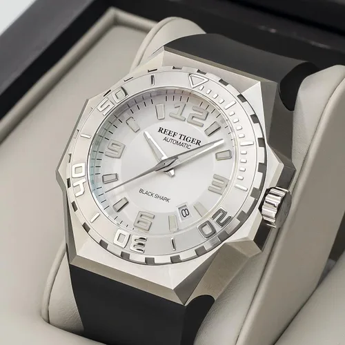 Vista 6 de REEF TIGER Relojes de buceo para hombre, reloj automático de acero, relojes militares, correa de cuero RGA6903