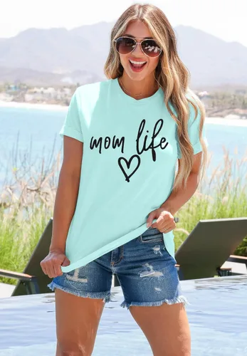Vista 3 de Camisa Lotucy con letras impresas «Mom Life», «Tired Mom», «Blessed Mama», de manga corta, para mujer Verde-1