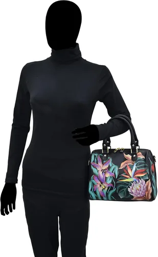 Vista 4 de Anuschka Mujer Pintado A Mano Cuero Genuino Cremallera Alrededor Clásico Satchel - Island Escape Negro, Island Escape Negro, Cremallera Alrededor