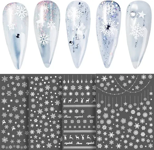 Vista 4 de Calcomanías de uñas de copo de nieve 10 hojas, calcomanías de copo de nieve de Navidad, calcomanías de uñas 3D autoadhesivas, diseño de uñas de tema
