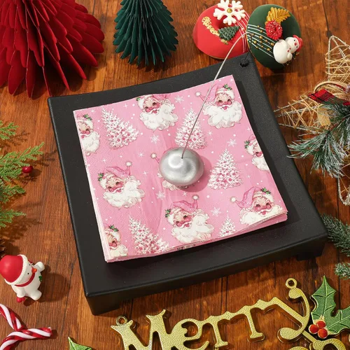 Vista 3 de Paquete de 80 servilletas desechables de Navidad de Papá Noel y árbol de Navidad, servilletas desechables de papel de Navidad para Navidad Santa Rosa