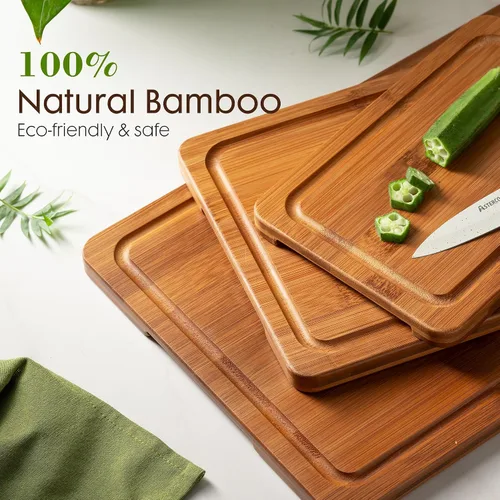 Vista 4 de Astercook Tablas de cortar de bambú carbonizado profundo para cocina con soporte de almacenamiento de madera, charcutería reversible y tablas