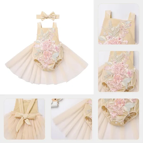 Vista 52 de Traje de bebé niña primer cumpleaños traje de encaje tul mameluco princesa tutú vestido de un año cumpleaños pastel Smash fotografía ropa