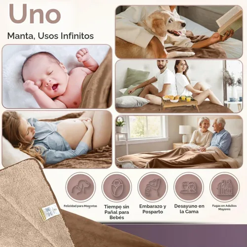 Vista 4 de Sacred Weapon - Manta impermeable para cama – Mini manta Sherpa y forro polar – Manta impermeable para sofá y protector de colchón, absorbente Beige