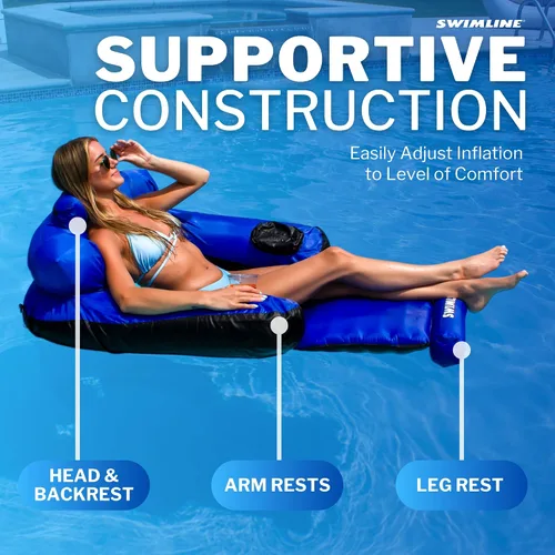Vista 4 de Swimline ORIGINAL - Colchoneta cubierta de tela para piscina, balsa flotante definitiva para adultos y niños Respaldo, reposabrazos y reposapiés