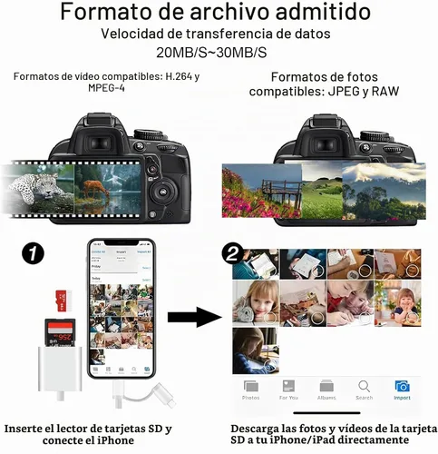 Vista 8 de Lector de tarjetas SD para iPhone, iPad Mac, USB C y Lightning Dual Connector Adaptador de cámara digital para iPhone, adaptador de tarjeta SD