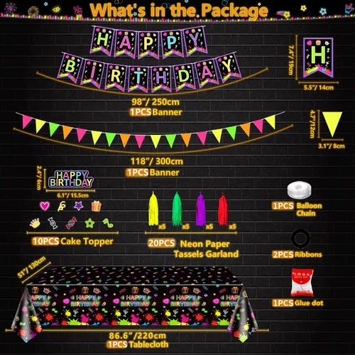 Vista 6 de Paquete de 247 suministros de fiesta de neón que brillan en la oscuridad, decoraciones de fiesta con luz negra, platos, pancartas de luz negra