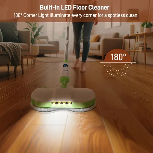 Vista 4 de AlfaBot Trapeador eléctrico inalámbrico, limpiador eléctrico de piso con faro LED y rociador de agua, hasta 60 minutos, autopropulsado con gran