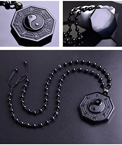 Vista 7 de Kitch Aroma Natural Tai Chi Grabado Negro Piedras de Obsidiana Colgante Collar con Extend Bead Chain