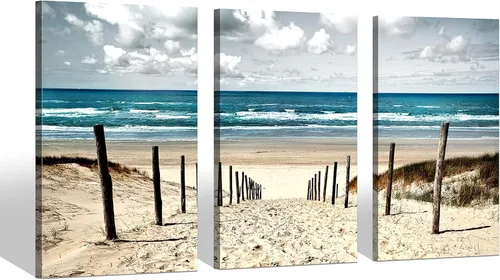 Vista 8 de Lienzo de playa costero para pared: tres piezas para dormitorio, imagen del océano, camino del océano, obra de arte de paisaje marino, pintura