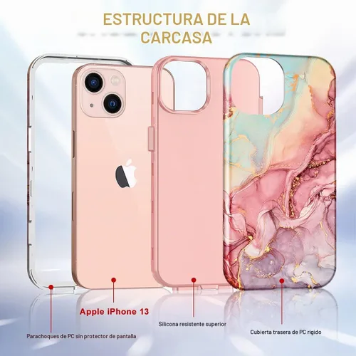 Vista 3 de CASEFIV Compatible con funda para iPhone 13, patrón de mármol 3 en 1, resistente a golpes y caídas, cuerpo completo, policarbonato duro y silicona