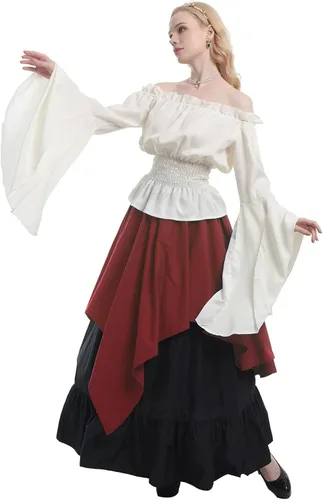 Vista 2 de CR ROLECOS Disfraz renacentista para mujer, vestido medieval campesino, manga trompeta, camisa y falda victoriana