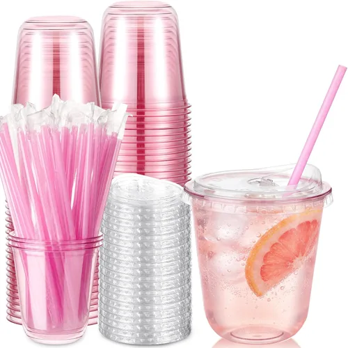 Vista 20 de Ziliny Paquete de 25 vasos de plástico transparente de 12 onzas con tapas para sorbos y pajitas, tazas desechables para café helado de cristal