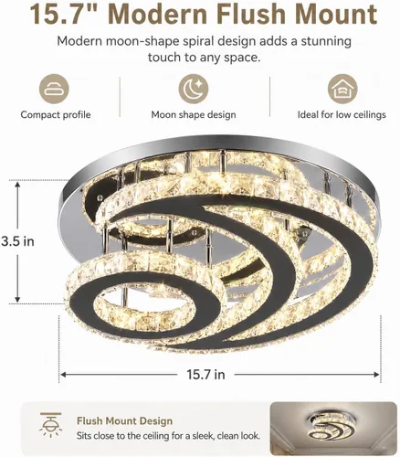 Vista 2 de Lámpara de techo LED moderna de 15.7 pulgadas, lámpara de araña de cristal de montaje empotrado, lámpara moderna con forma de luna redonda para sala