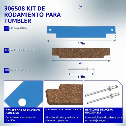 Vista 3 de Kit de rodillos de secadora BlueStars 12001541 303373, kit de rodamientos de tambor 306508, polea tensora WP6-3700340 y cinturón de tambor