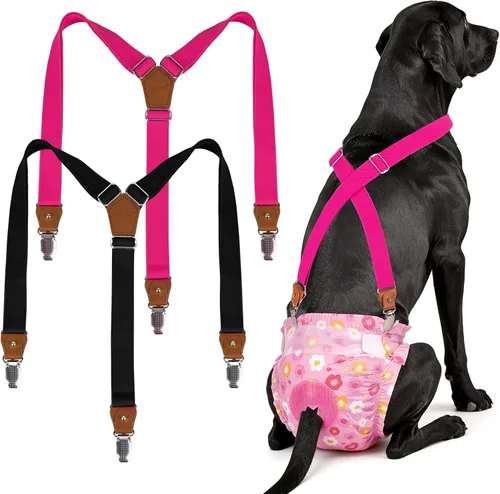 Vista 14 de Pet Soft Tirantes de pañales para perro hembra, 2 piezas, tirantes para falda de perro, vestido, Negro, rosa, marrón, burdeos